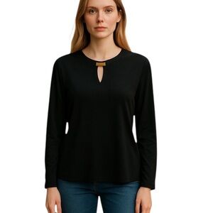 MICHAEL Michael Kors Black Long-Sleeve Keyhole Top with Gold Accent